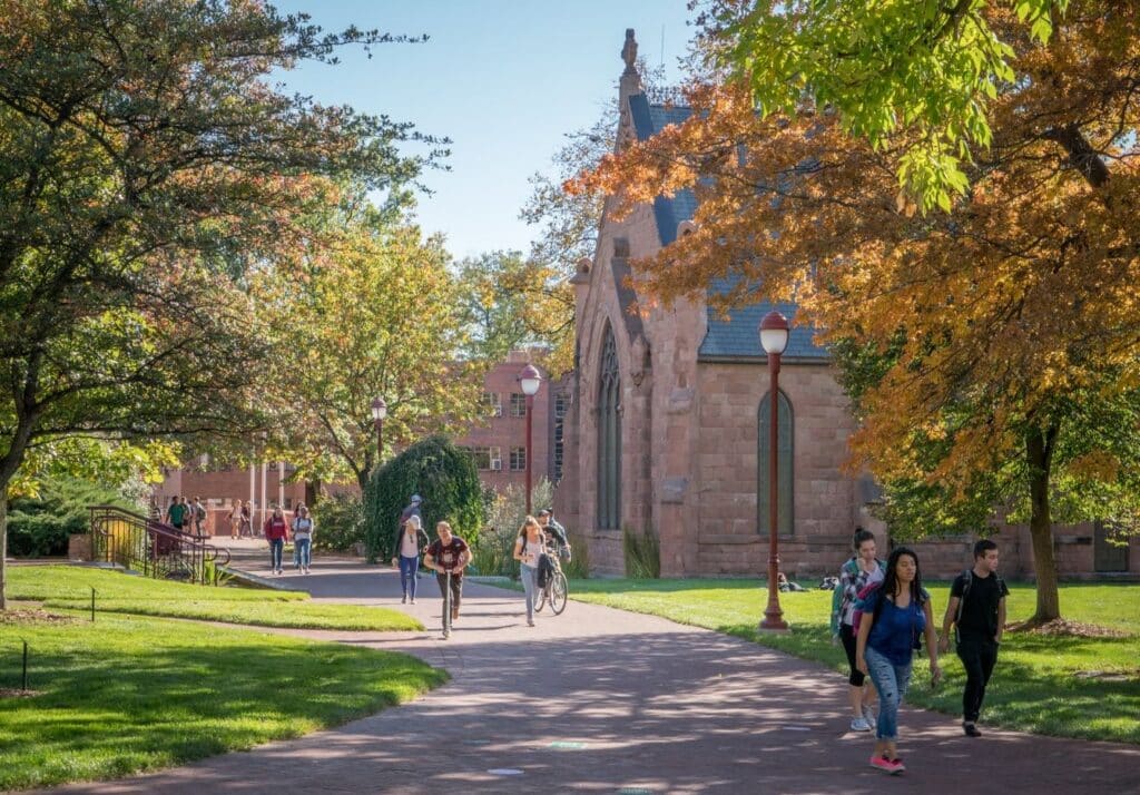 Campus with students walking in the background